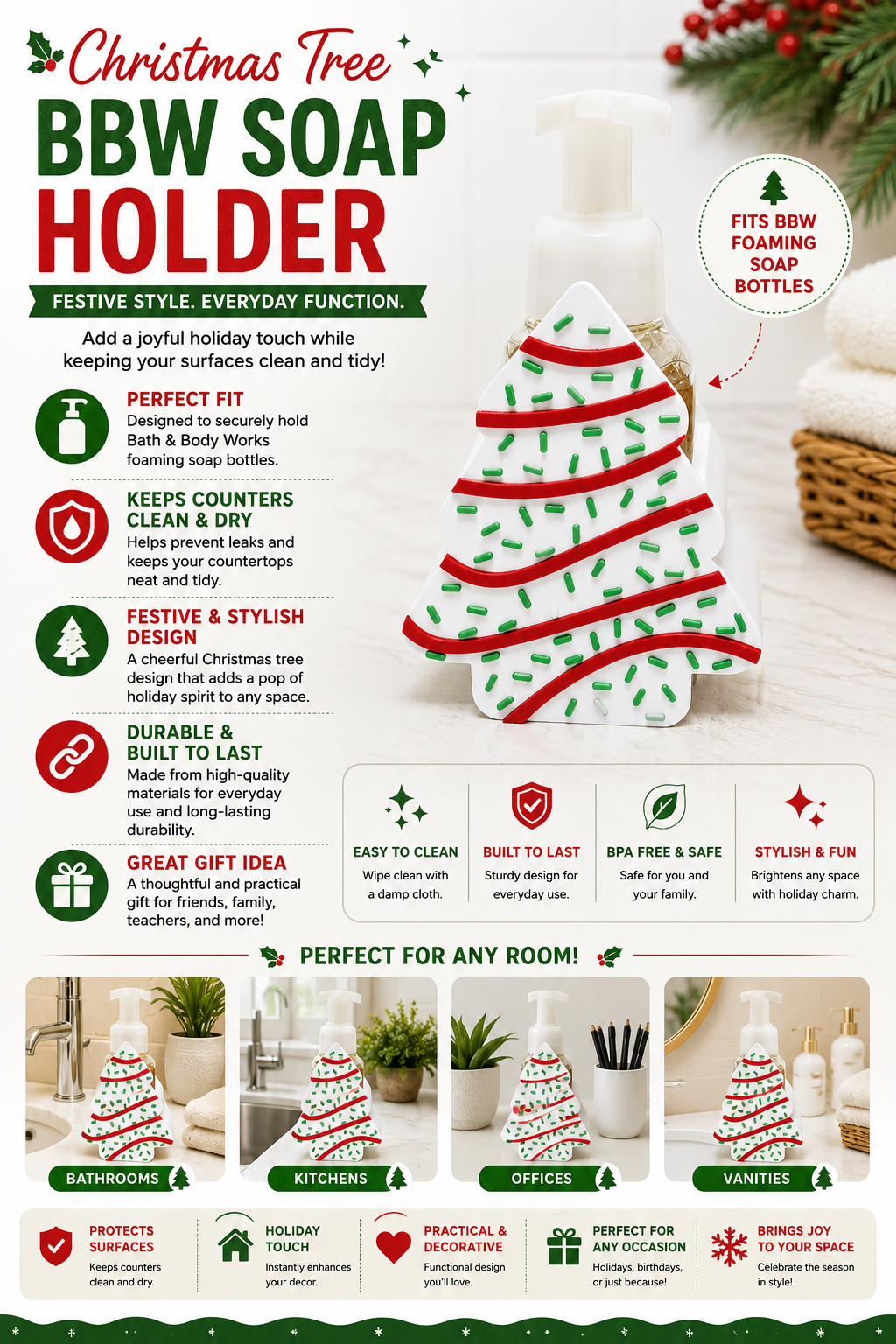 Christmas Tree Cake Foaming Soap Bottle Holder – Cute 3D Printed White Frosted Tree with Red Swirl Icing and Green Sprinkles – Bath and Body Works Foaming Soap Dispenser Stand – Holiday Christmas Kitchen Bathroom Decor – Festive Seasonal Gift