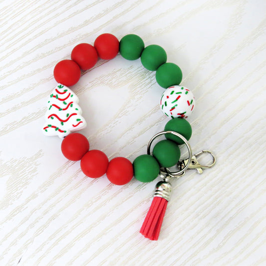 Christmas Beaded Wristlet Keychain – Red & Green Silicone Bracelet with Tree Charm