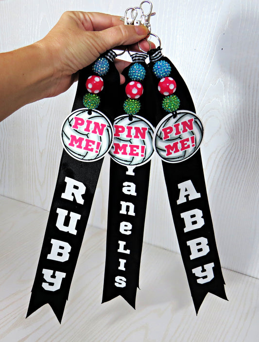 Volleyball Pin Me! Bag Tag Personalized with Name for Girls - Backpack Clip On Sports Gift – Acrylic Ribbon Beads - You Choose Colors