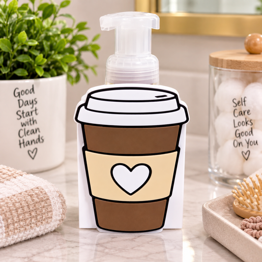 Coffee cup shaped foaming soap bottle holder with heart accent for kitchen and bathroom decor