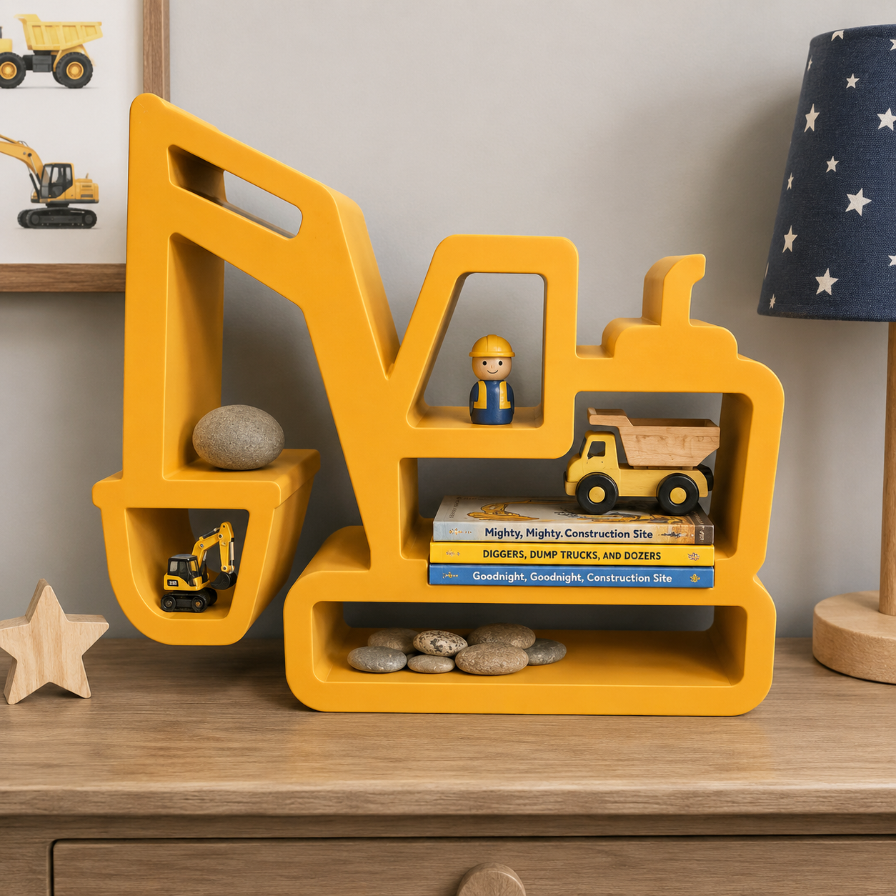 Construction Digger Shelf – 3D Printed Yellow Excavator Open Frame Trinket Organizer – Kids Room Playroom Bedroom Desk Decor – Construction Vehicle Display Stand – Boys Room Gift