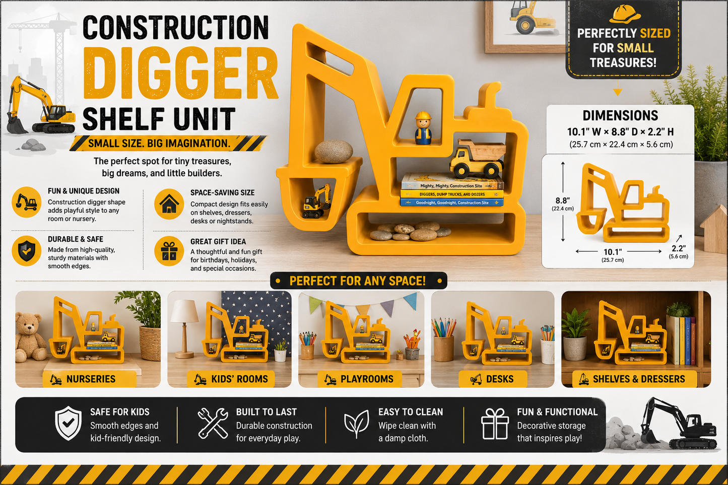 Construction Digger Shelf – 3D Printed Yellow Excavator Open Frame Trinket Organizer – Kids Room Playroom Bedroom Desk Decor – Construction Vehicle Display Stand – Boys Room Gift