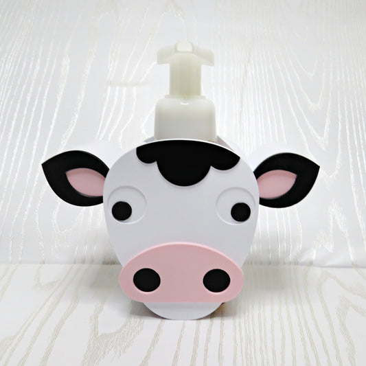 black-white-3d-printed-cow-face-foaming-soap-holder-pink-snout-ears-black-spot-farmhouse-bathroom-decor