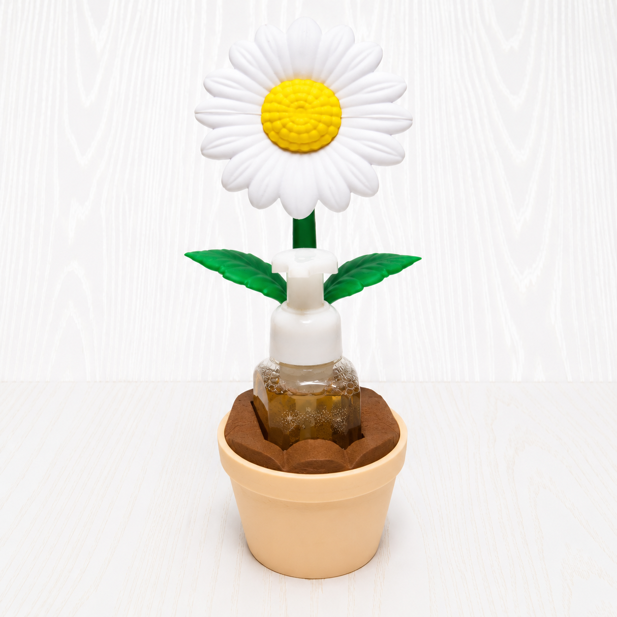 white-daisy-yellow-center-3d-printed-flower-pot-foaming-soap-holder-terracotta-green-stem-leaves-bathroom-decor