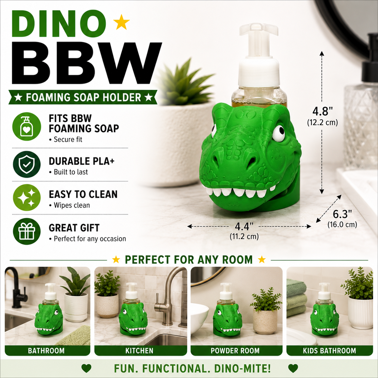 T-Rex Dinosaur Foaming Soap Bottle Holder – Cute 3D Printed Green T-Rex Head with Scaly Texture and White Teeth – Bath and Body Works Foaming Soap Dispenser Stand – Kids Boys Bathroom Bedroom Decor – Dinosaur Lover Dino Gift