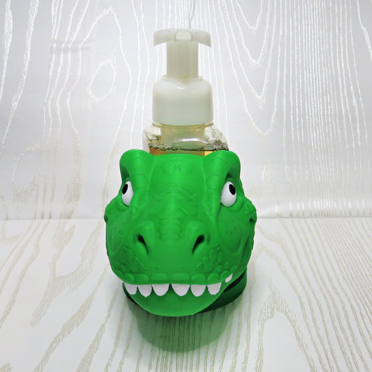 bright-green-3d-printed-t-rex-dinosaur-head-foaming-soap-holder-scaly-texture-white-teeth-expressive-eyes-kids-bathroom-decor