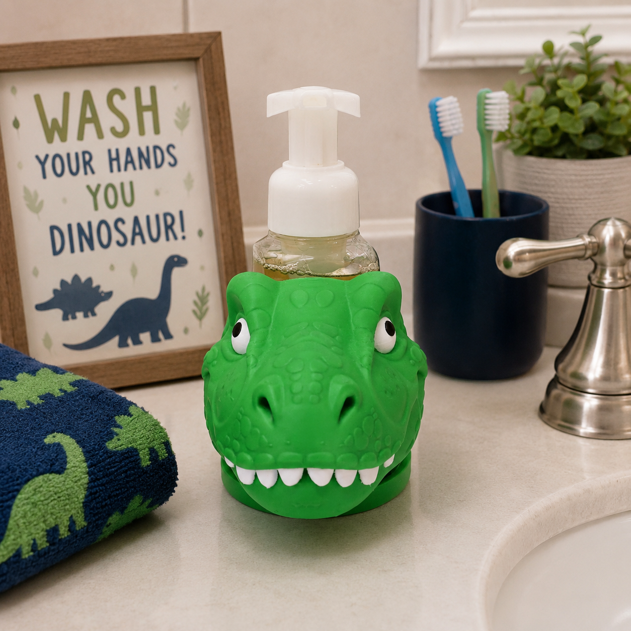 T-Rex Dinosaur Foaming Soap Bottle Holder – Cute 3D Printed Green T-Rex Head with Scaly Texture and White Teeth – Bath and Body Works Foaming Soap Dispenser Stand – Kids Boys Bathroom Bedroom Decor – Dinosaur Lover Dino Gift