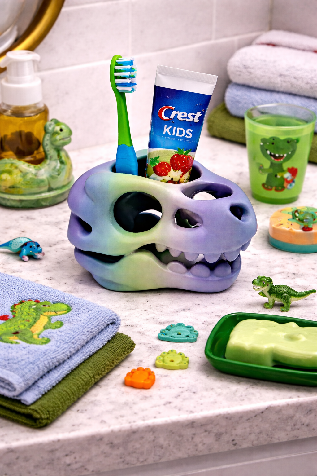Dinosaur Skull Toothbrush & Toothpaste Holder - Fun Kids Bathroom Organizer - alternate angle view