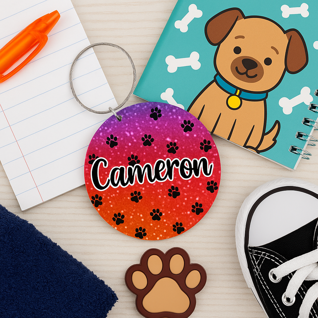 personalized-dog-paw-print-bag-tag-with-name-cameron-shown-on-desk-with-notebook-shoe-pen-and-paw-accessory