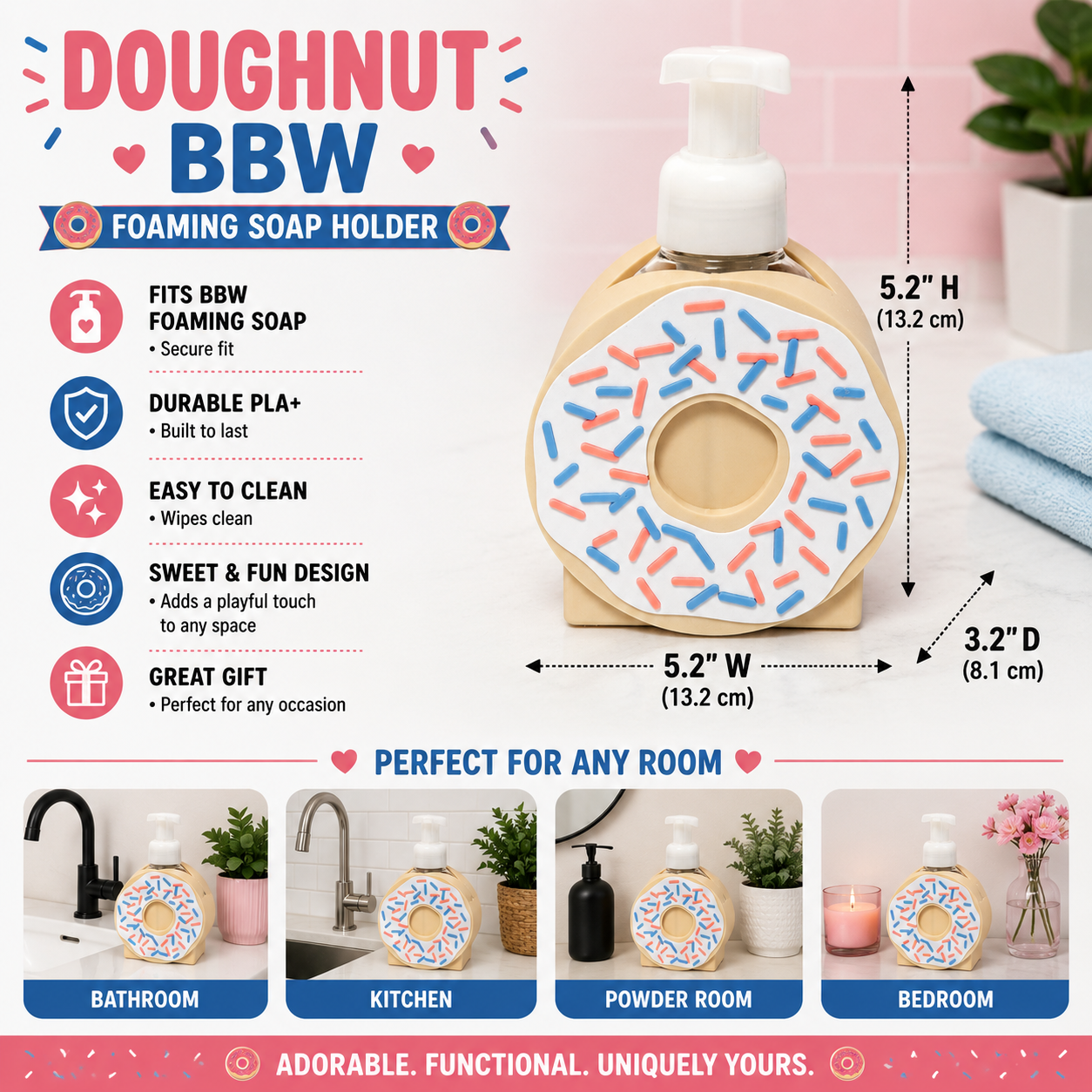 Donut Foaming Soap Holder – 3D Printed Frosted Sprinkle Donut Kitchen Bathroom Decor – BBW Compatible
