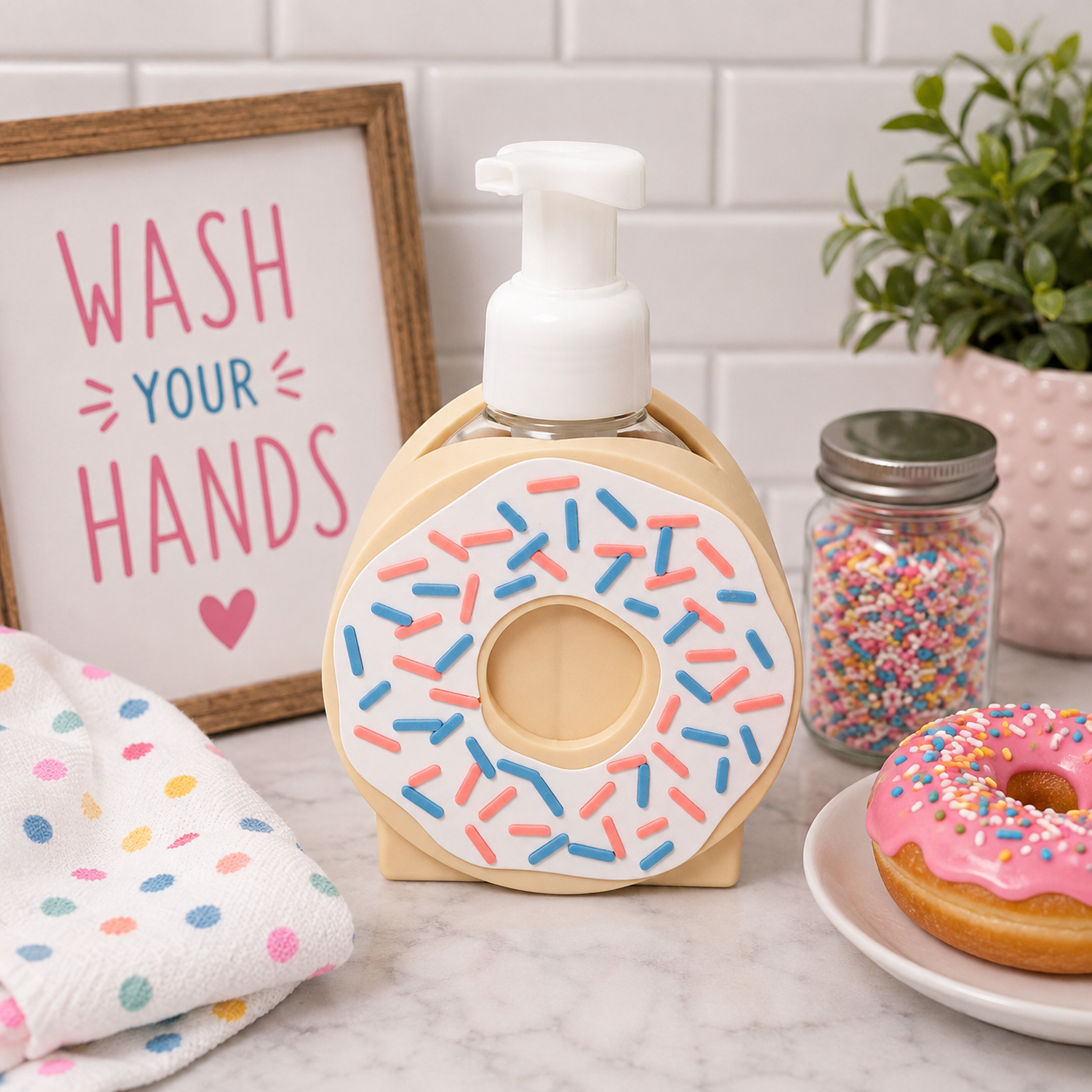 Donut Foaming Soap Holder – 3D Printed Frosted Sprinkle Donut Kitchen Bathroom Decor – BBW Compatible