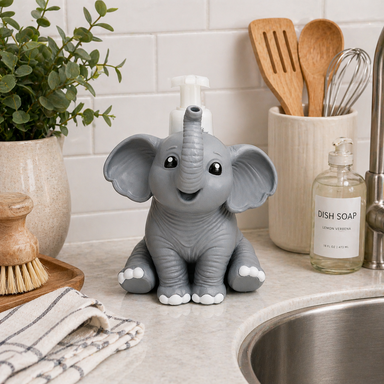 Elephant Foaming Soap Holder - Cute Bathroom Sink Decor - side angle showing product shape