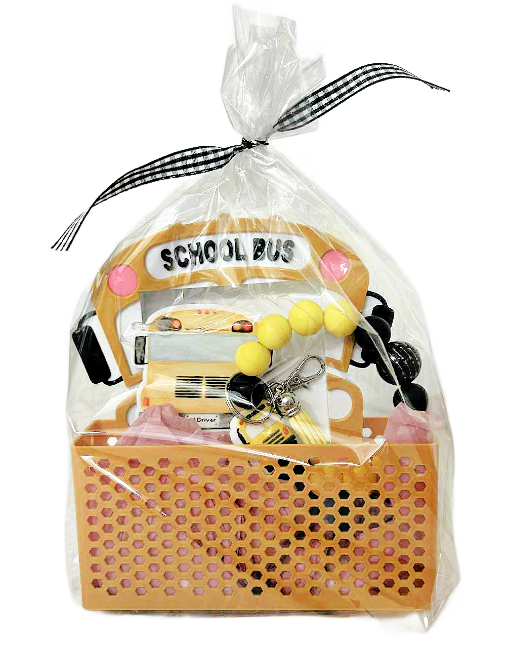 Bus Driver Gift Set - School Bus Sticky Note Holder + Wristlet + Keychain displayed on countertop