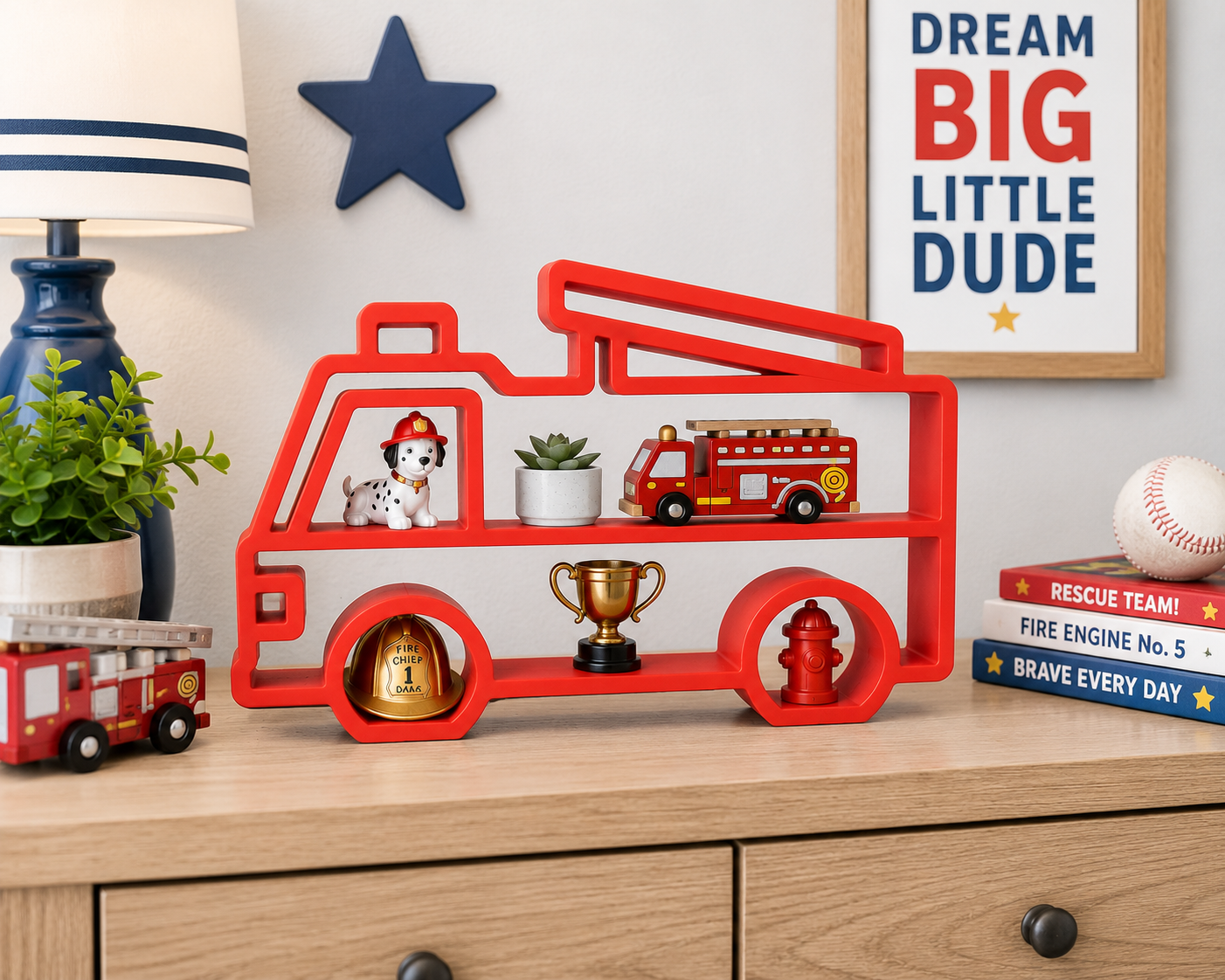 Fire Truck Shelf – 3D Printed Red Firetruck Kids Room Trinket Organizer – Vehicle Decor
