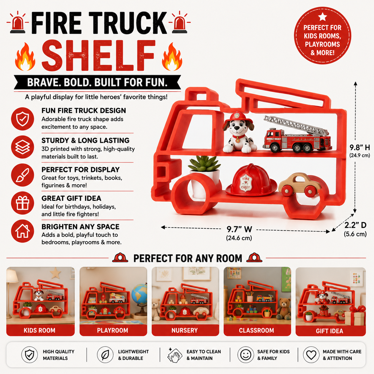 Fire Truck Shelf – 3D Printed Red Firetruck Kids Room Trinket Organizer – Vehicle Decor
