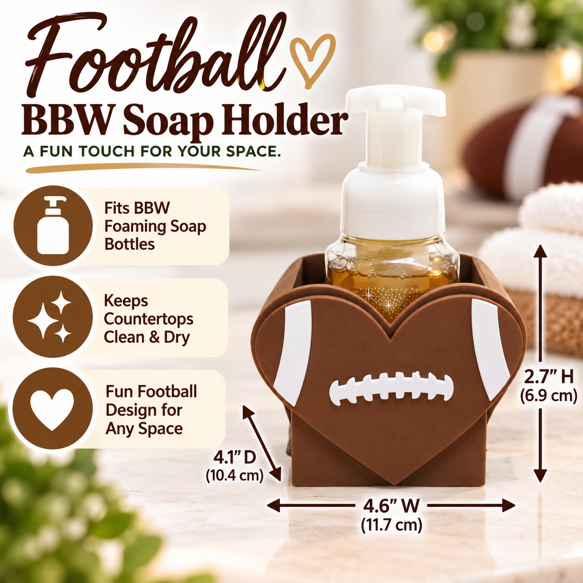 Football Heart Foaming Soap Holder for BBW Foam Soap Bottles