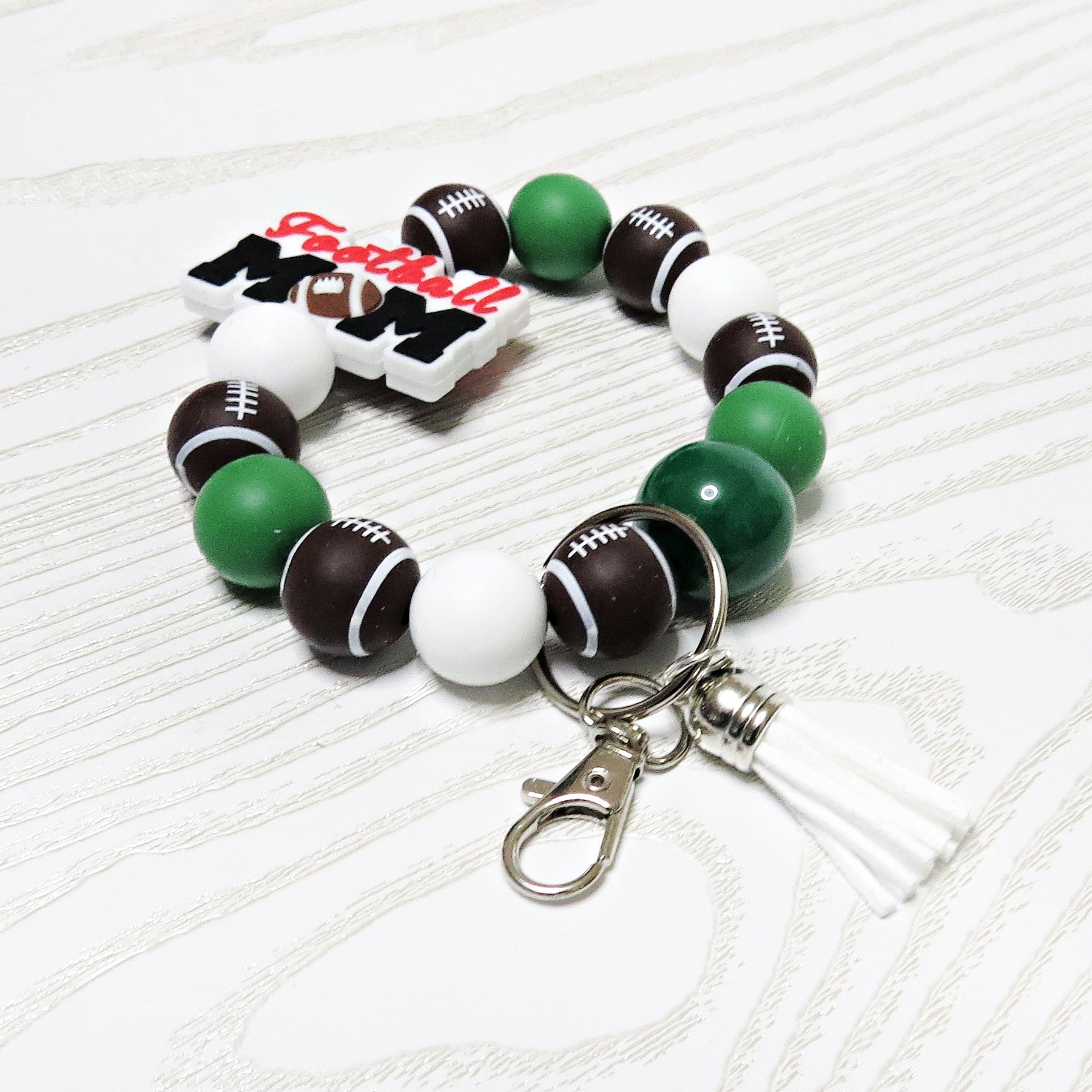 Football Mom Game Day Beaded Keychain Bracelet with Tassel - side profile view