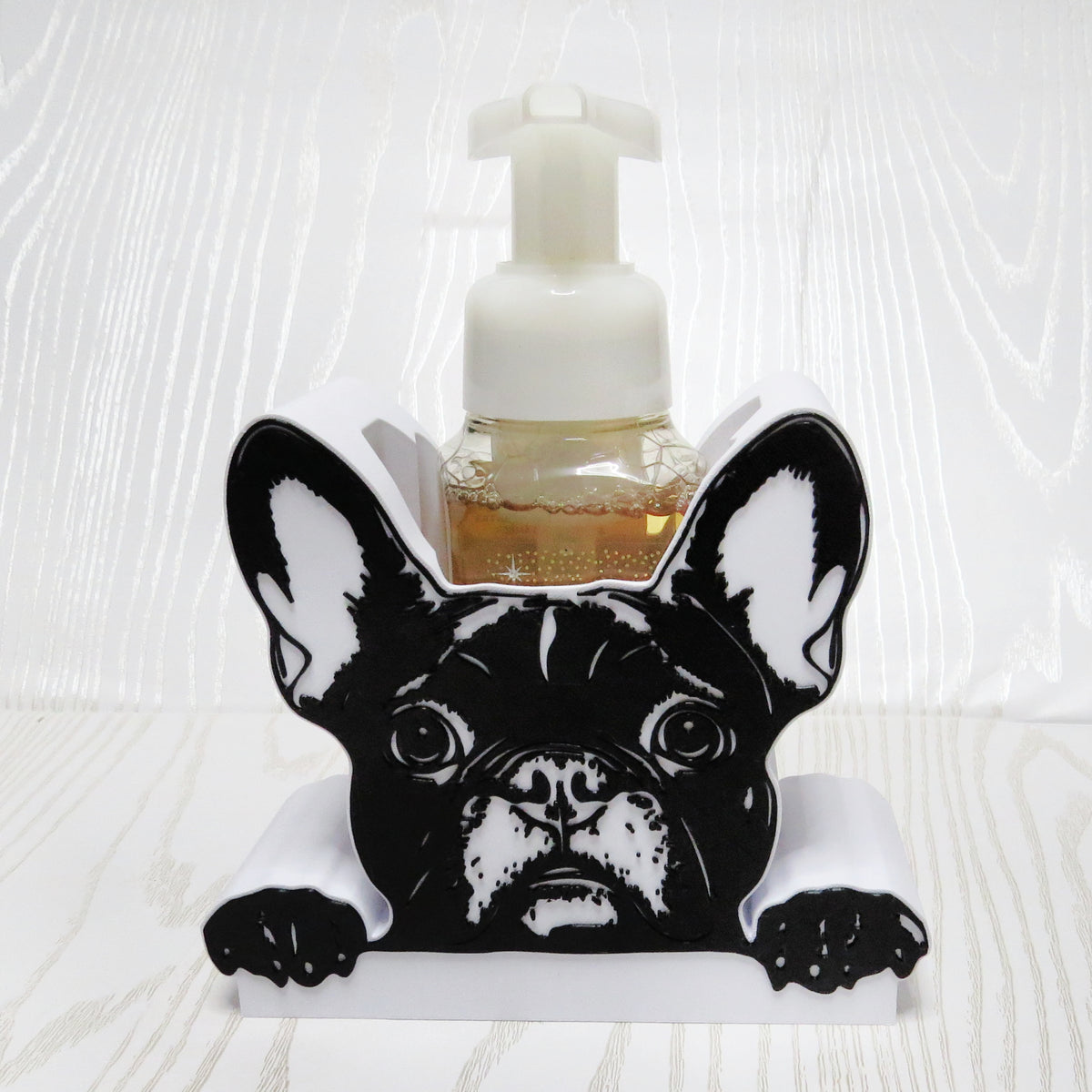 French Bulldog Foaming Soap Bottle Holder – Cute 3D Printed Two-Tone Tan and White Frenchie Peeking Face – Bath and Body Works Foaming Soap Dispenser Stand – Dog Breed Bathroom Kitchen Counter Decor – French Bulldog Owner Frenchie Lover Gift