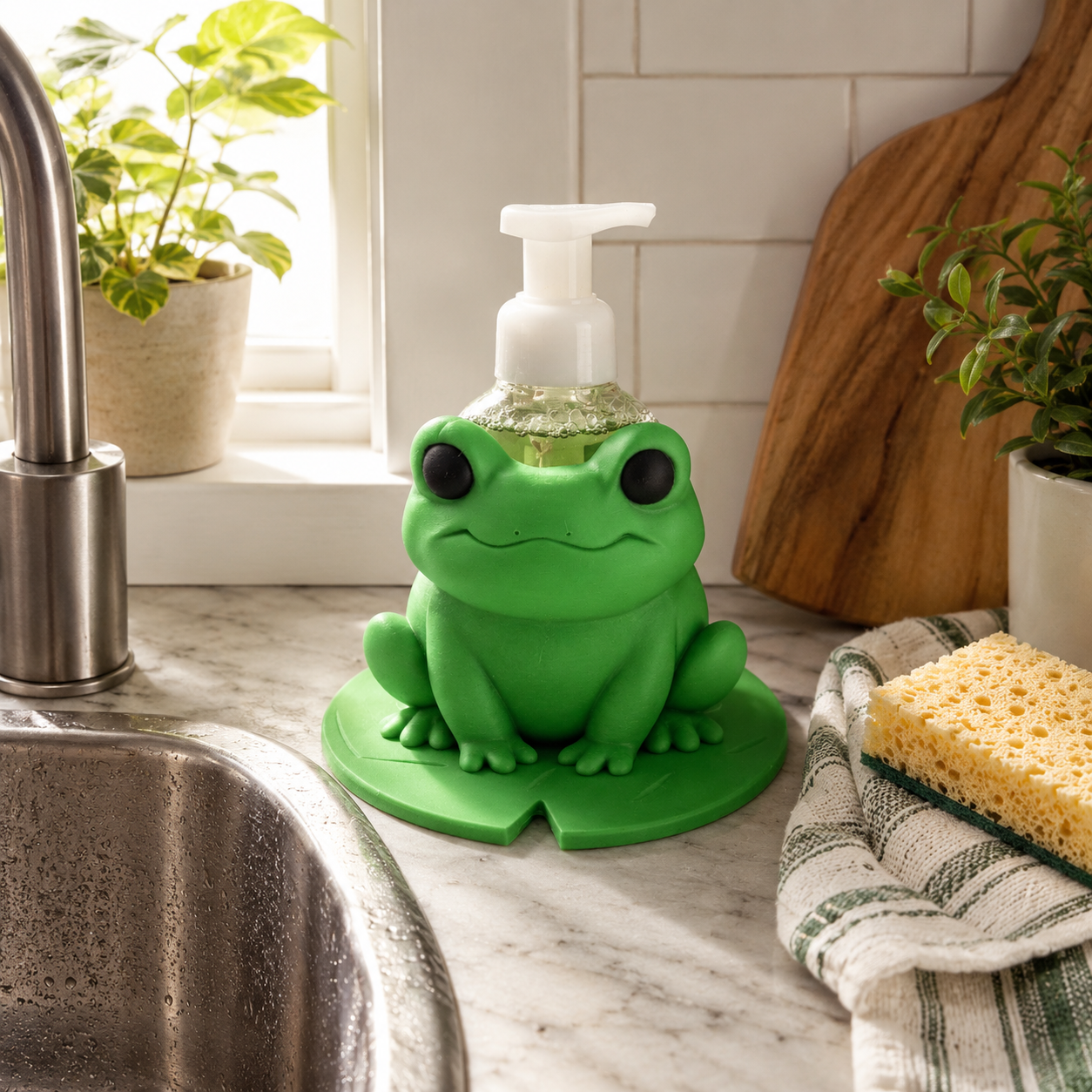 Frog Foaming Soap Bottle Holder – Cute 3D Printed Green Frog Sitting on Lily Pad – Bath and Body Works Foaming Soap Dispenser Stand – Bathroom Kitchen Counter Decor – Frog Lover Gift Accessory