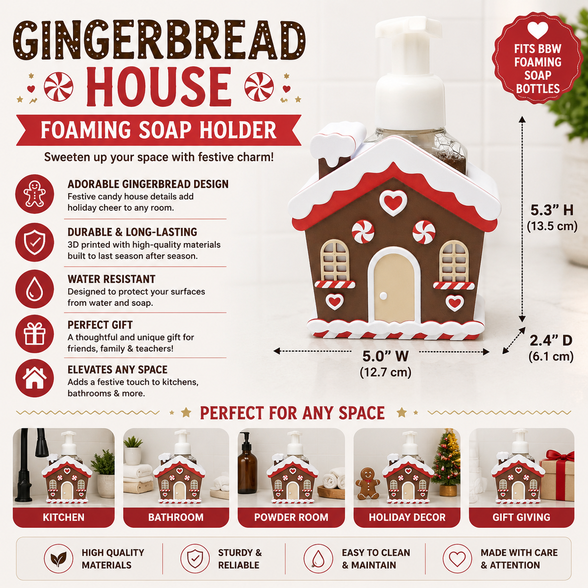 Gingerbread House Foaming Soap Bottle Holder – Cute 3D Printed Pastel Christmas Candy House – Bath and Body Works Foaming Soap Dispenser Stand – Holiday Winter Bathroom Kitchen Counter Decor – Festive Christmas Gift