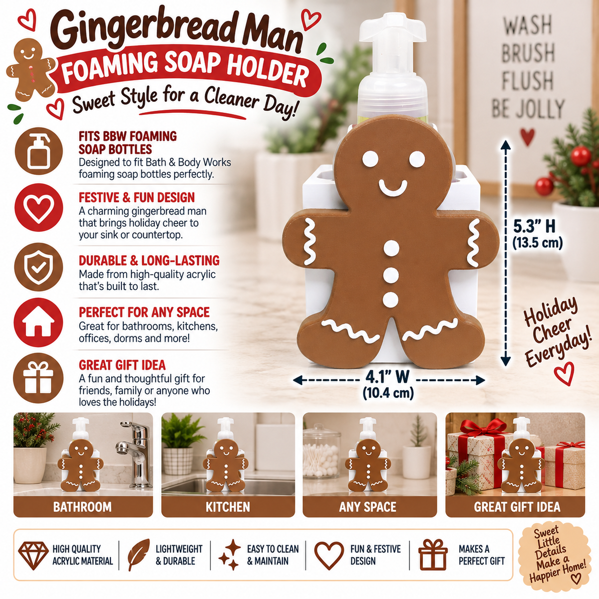 Gingerbread Man Foaming Soap Holder — Christmas Bathroom Decor for BBW Bottles