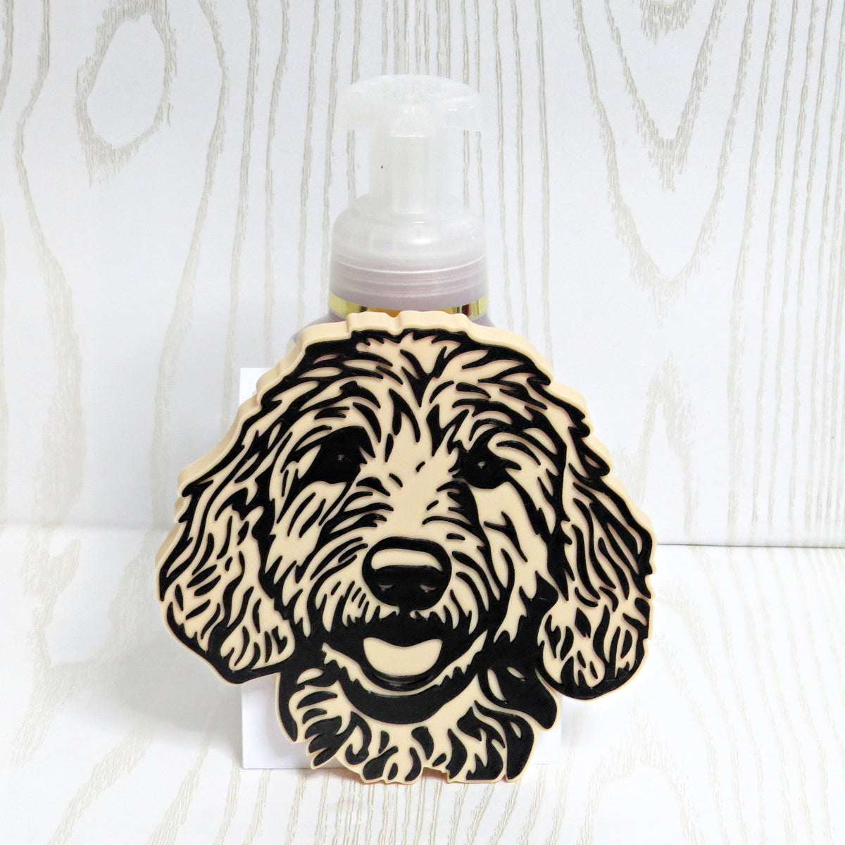 Goldendoodle face line art foaming soap bottle holder for bathroom decor