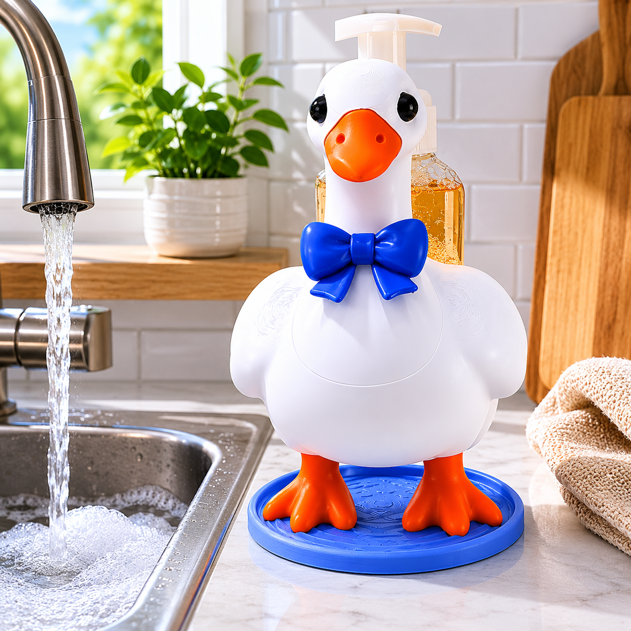Goose Foaming Soap Bottle Holder – Cute 3D Printed White Goose with Blue Bow Tie – Bath and Body Works Foaming Soap Dispenser Stand – Farmhouse Bathroom Kitchen Counter Decor – Duck Bird Lover Gift