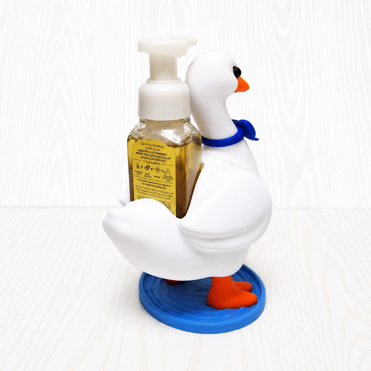Goose Foaming Soap Bottle Holder – Cute 3D Printed White Goose with Blue Bow Tie – Bath and Body Works Foaming Soap Dispenser Stand – Farmhouse Bathroom Kitchen Counter Decor – Duck Bird Lover Gift