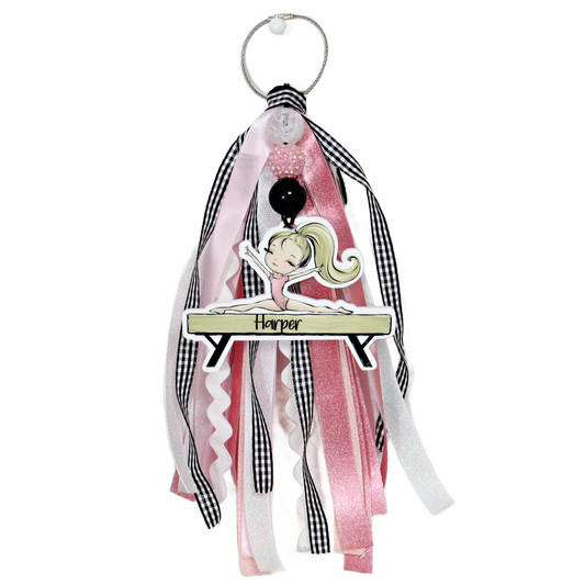 Gymnastics Bag Tag Personalized with Name - Gymnast Keychain - Tumbler Balance Beam Acrobat Turner - You Choose Hair Color Ribbon Beads