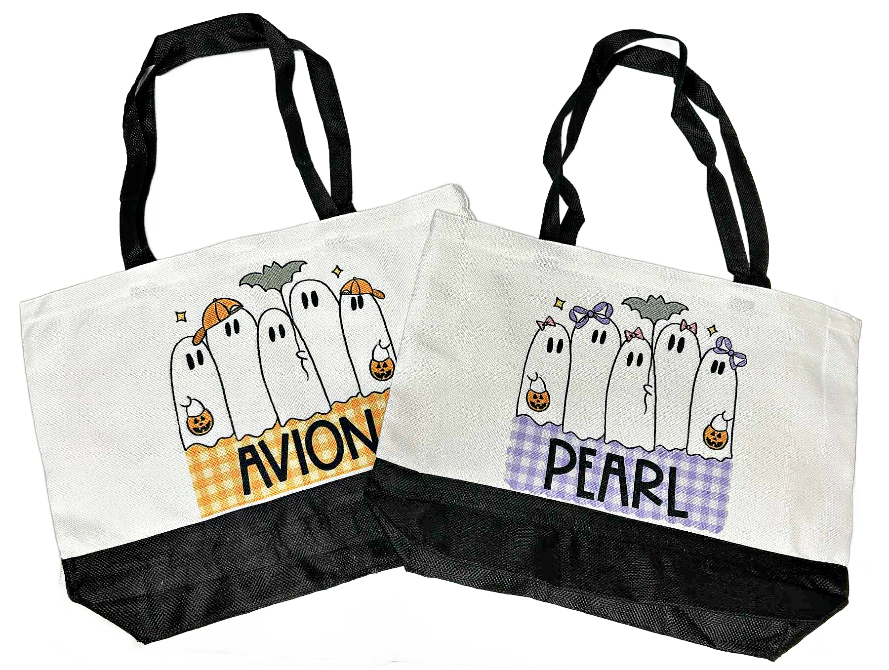 halloween tote bag personalized with name and cute ghost family design in orange checkered background