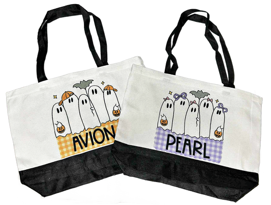 halloween tote bag personalized with name and cute ghost family design in orange checkered background