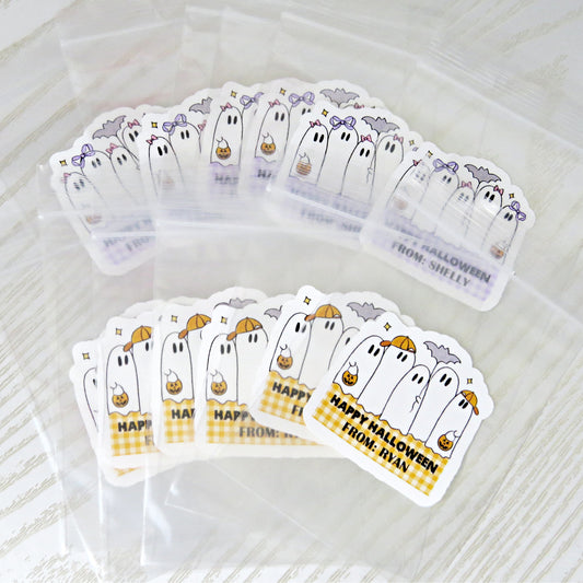 personalized happy halloween stickers with cute ghosts and pumpkins for kids party favors