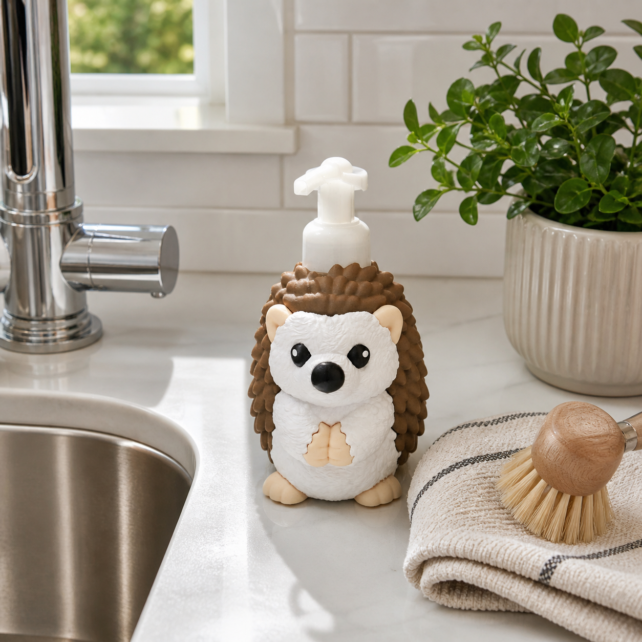 Hedgehog Foaming Soap Holder - Cute Animal Sink Decor - side angle showing product shape