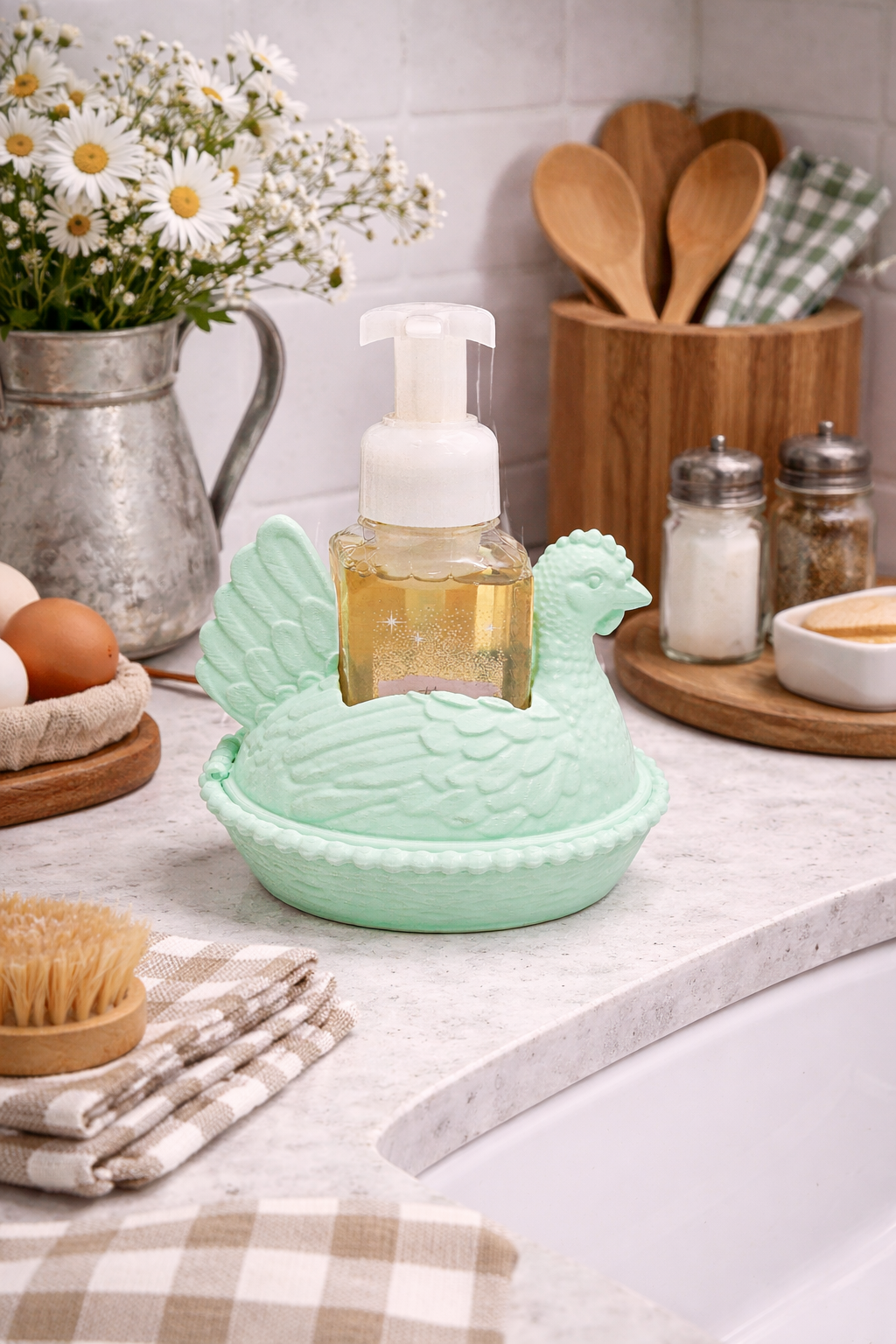 Hen on Nest Foaming Soap Holder - side angle showing product shape