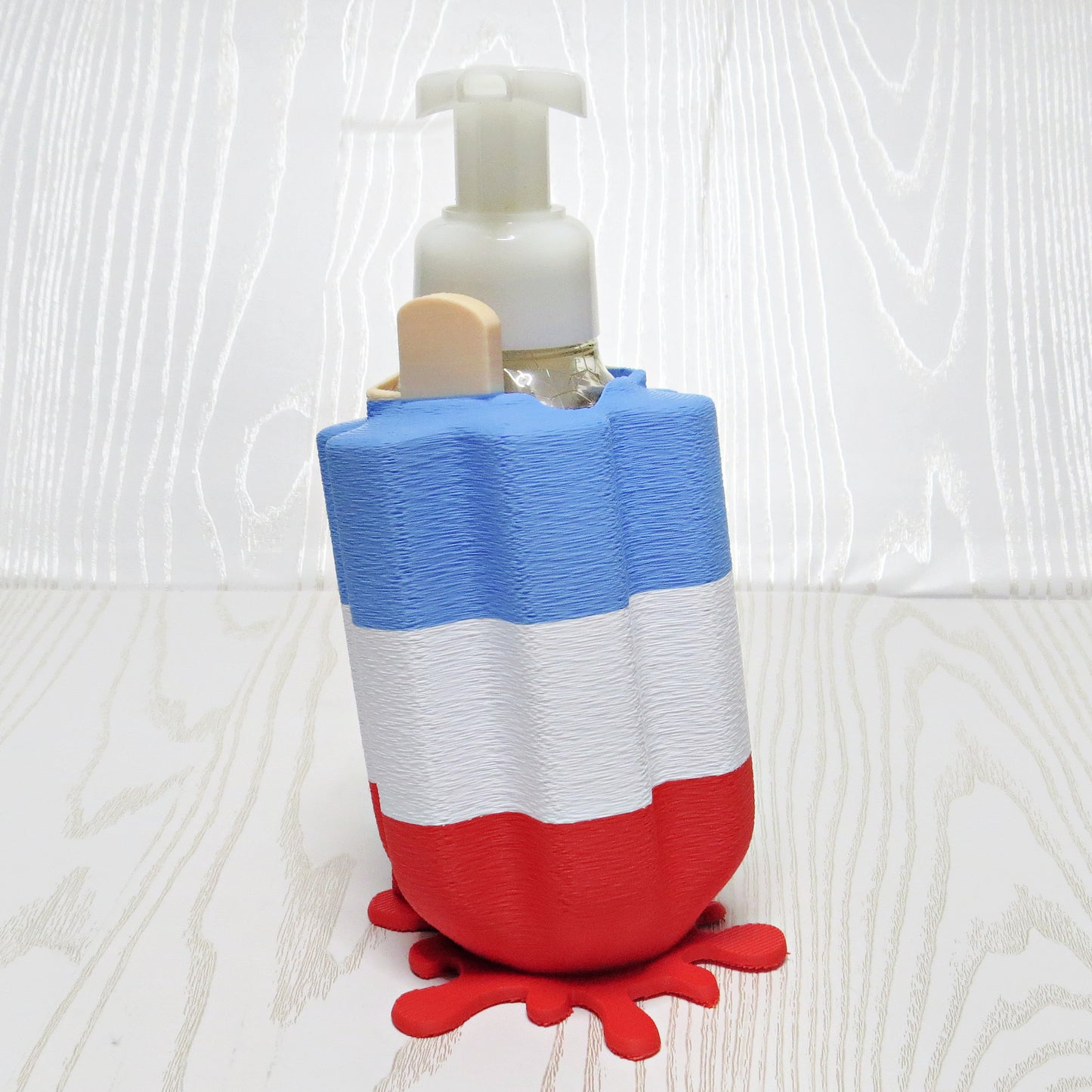 Patriotic Popsicle Foaming Soap Bottle Holder – Cute 3D Printed Red White and Blue Ice Pop with Melting Base – Bath and Body Works Foaming Soap Dispenser Stand – Fourth of July Summer Americana Bathroom Kitchen Decor – Independence Day Patriotic Gift