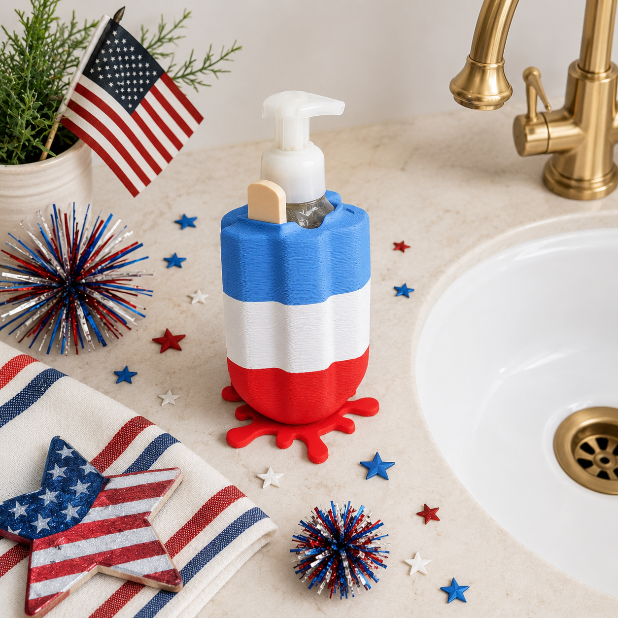 Patriotic Popsicle Foaming Soap Bottle Holder – Cute 3D Printed Red White and Blue Ice Pop with Melting Base – Bath and Body Works Foaming Soap Dispenser Stand – Fourth of July Summer Americana Bathroom Kitchen Decor – Independence Day Patriotic Gift