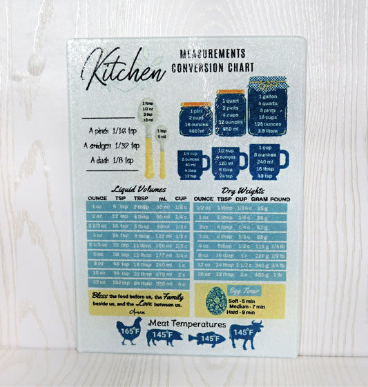 Kenzie's Boutique Handmade Kitchen Measurement Conversion Chart Glass Cutting Board with Liquid Volumes, Dry Weights, Meat Temperatures, Egg Timer – Baking Cooking Cheat Sheet Housewarming Gift Women