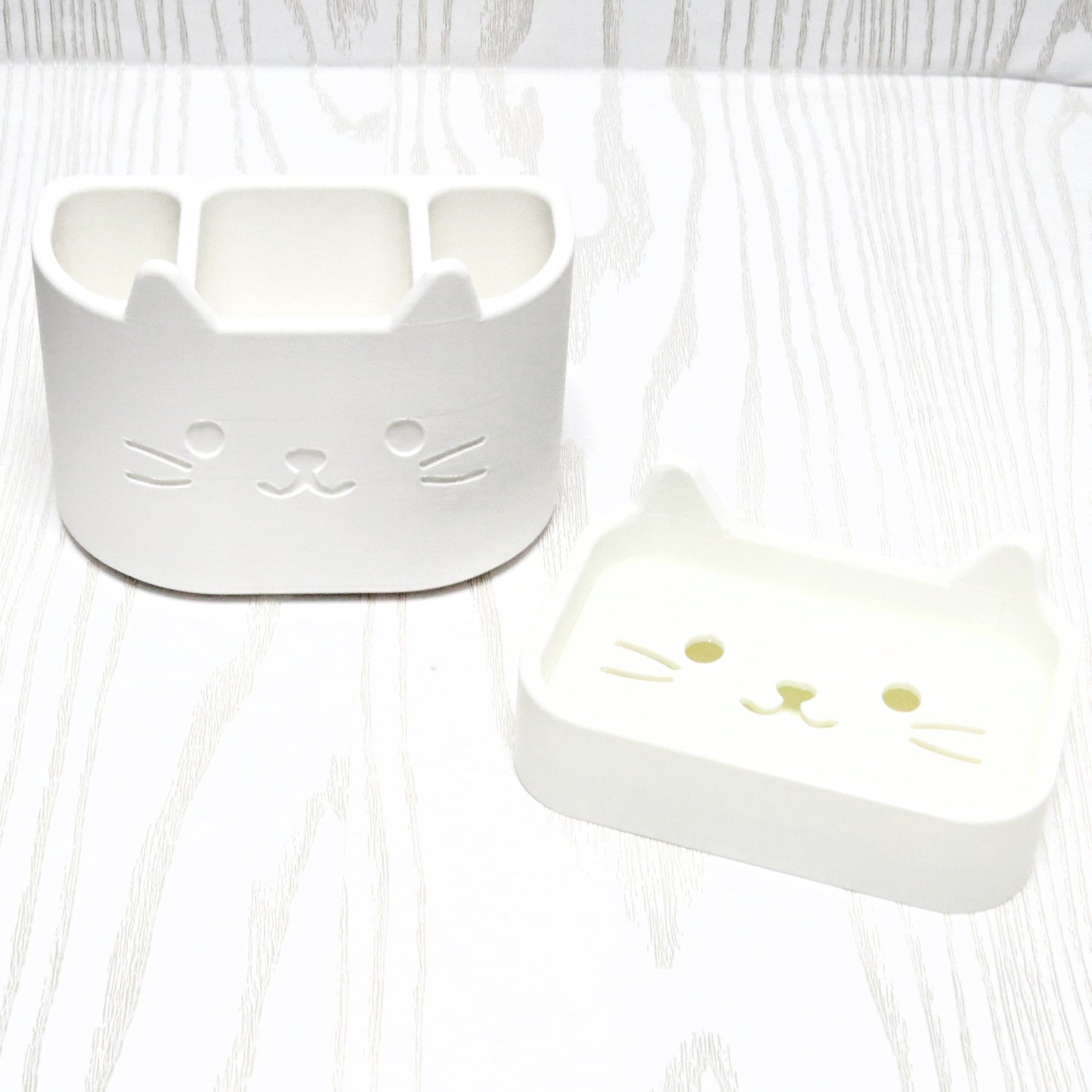 Cute Cat Bathroom Set – Soap Holder & Toothbrush Organizer – Kitty Sink Decor for Kids & Cat Lovers