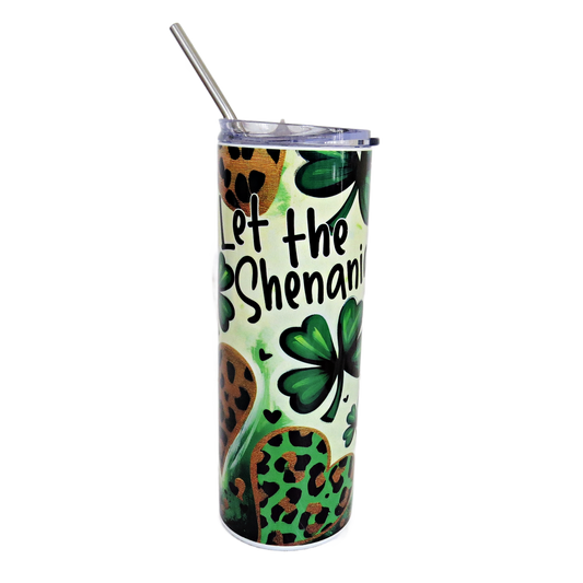 Let the Shenanigans Begin St Patricks Day Tumbler for Women - 20 Oz Stainless Steel 4 Leaf Clover Shamrock Gift - Saint Pattys Cup