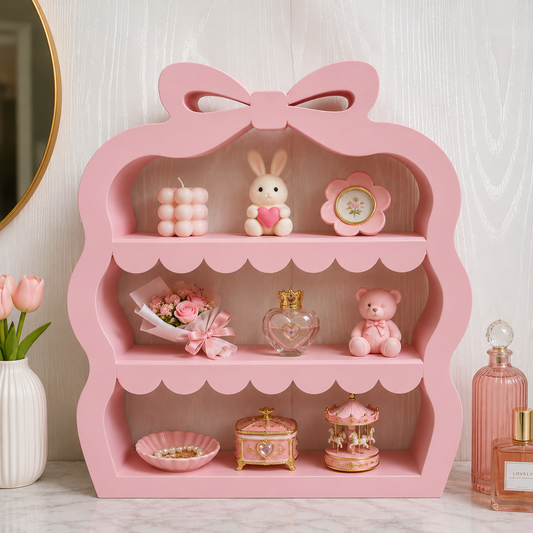 Bow Shelf – 3D Printed Light Pink Coquette Bow with Three Scalloped Tiers – Freestanding Girls Room Vanity Bedroom Trinket Organizer – Cottagecore Feminine Decor – Coquette Aesthetic Birthday Valentine Gift
