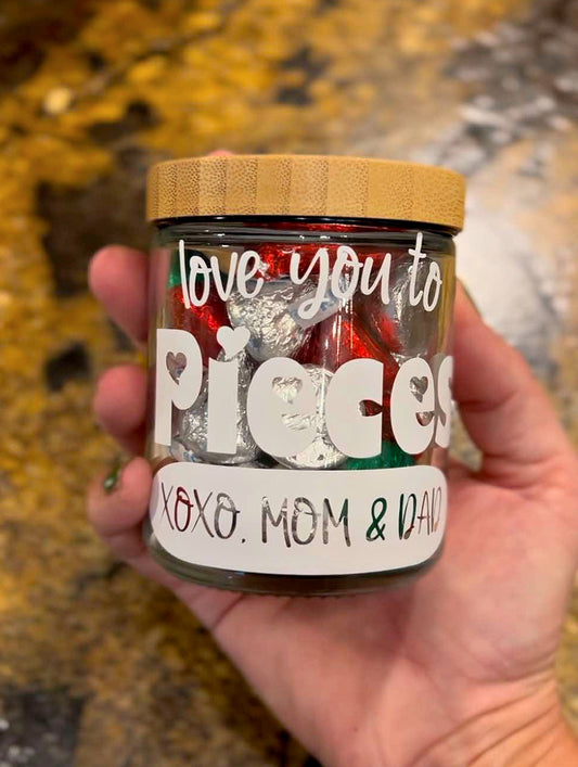 Personalized Love You to Pieces Candy Jar Container Valentines Day Gift for Kids Teachers - Custom Gift with Name - Glass Jar with Bamboo Lid - Heart Basket Gift