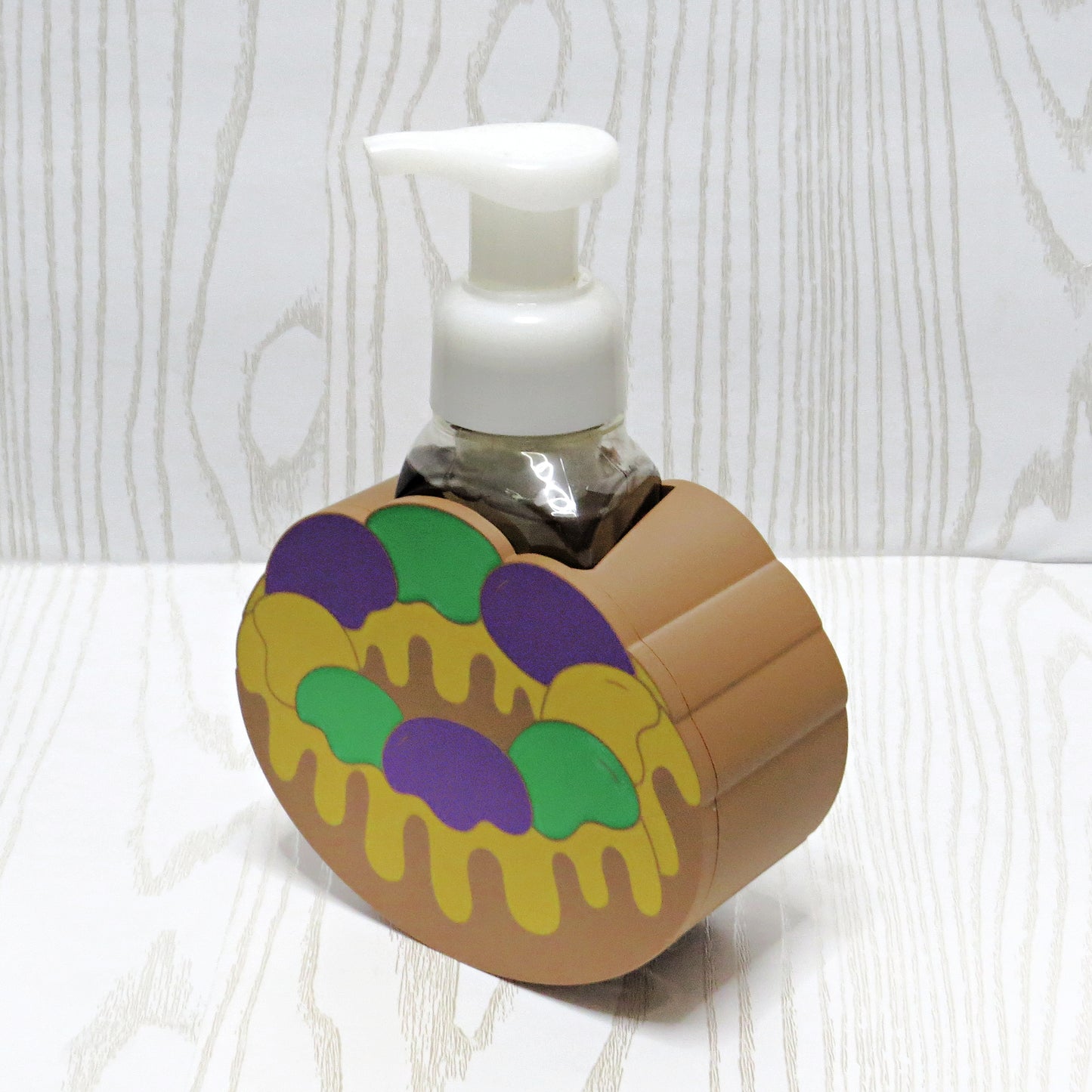 Mardi Gras King Cake Foaming Soap Holder - Festive Bathroom & Kitchen Decor - top view showing pump opening