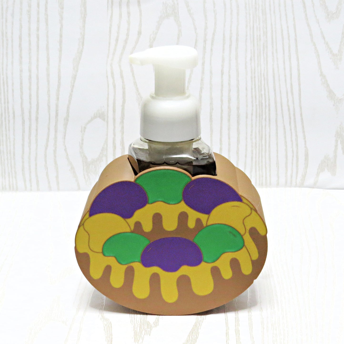 Mardi gras king cake foaming soap holder purple green gold bathroom countertop decor