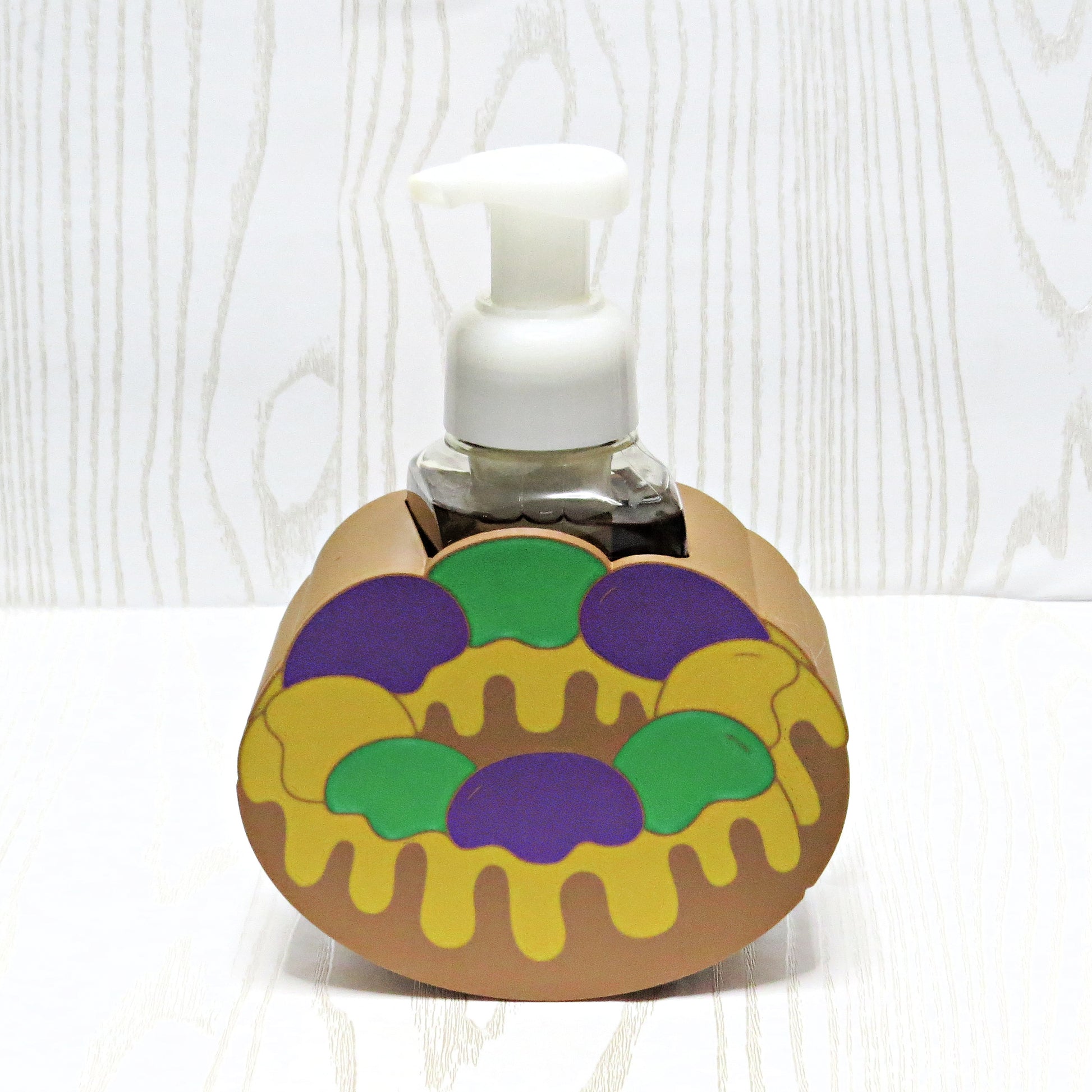 Mardi gras king cake foaming soap holder purple green gold bathroom countertop decor