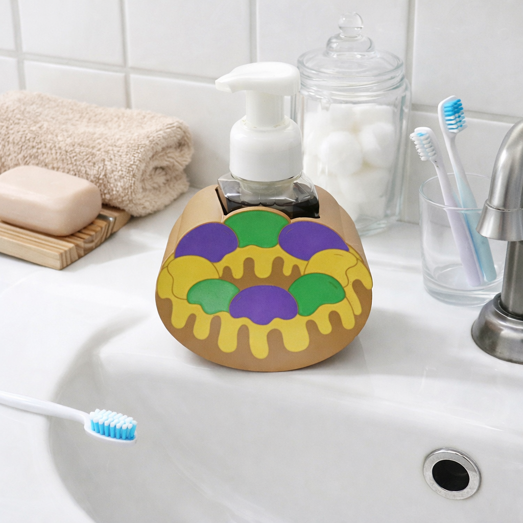 Mardi Gras King Cake Foaming Soap Holder - Festive Bathroom & Kitchen Decor - side angle showing product shape