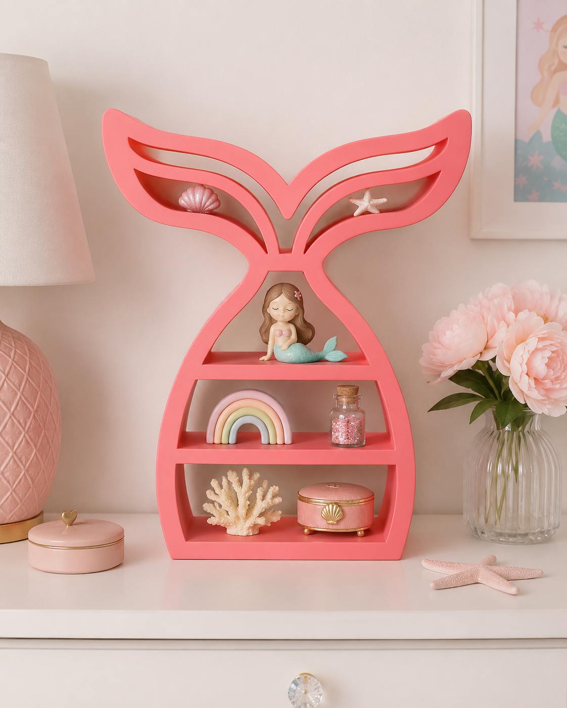 Mermaid Tail Shelf – 3D Printed Coral Pink Mermaid Tail Silhouette with Three Open Shelf Tiers – Freestanding Ocean Coastal Girls Room Trinket Organizer – Mermaid Lover Beach Bathroom Bedroom Decor Gift