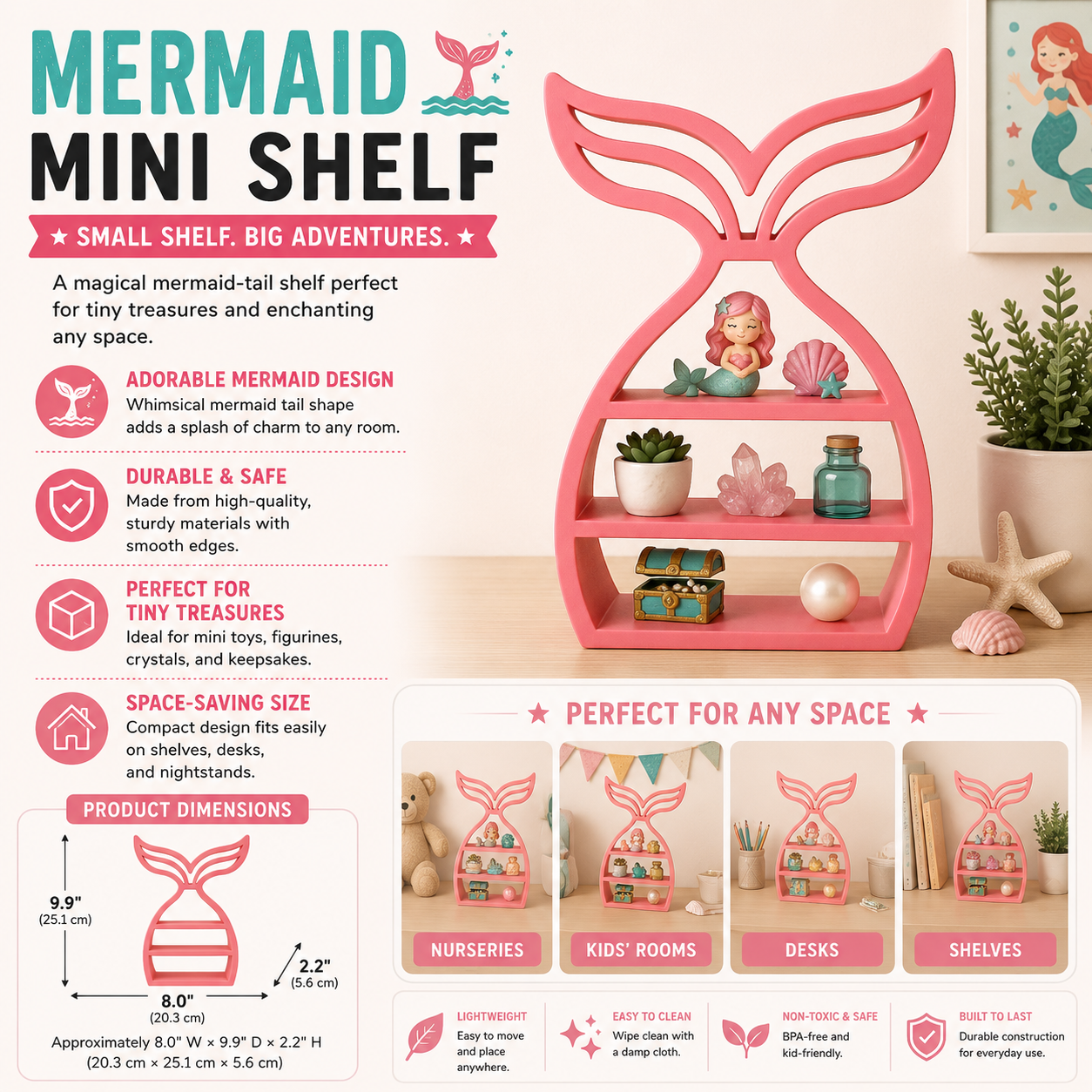 Mermaid Tail Shelf – 3D Printed Coral Pink Mermaid Tail Silhouette with Three Open Shelf Tiers – Freestanding Ocean Coastal Girls Room Trinket Organizer – Mermaid Lover Beach Bathroom Bedroom Decor Gift