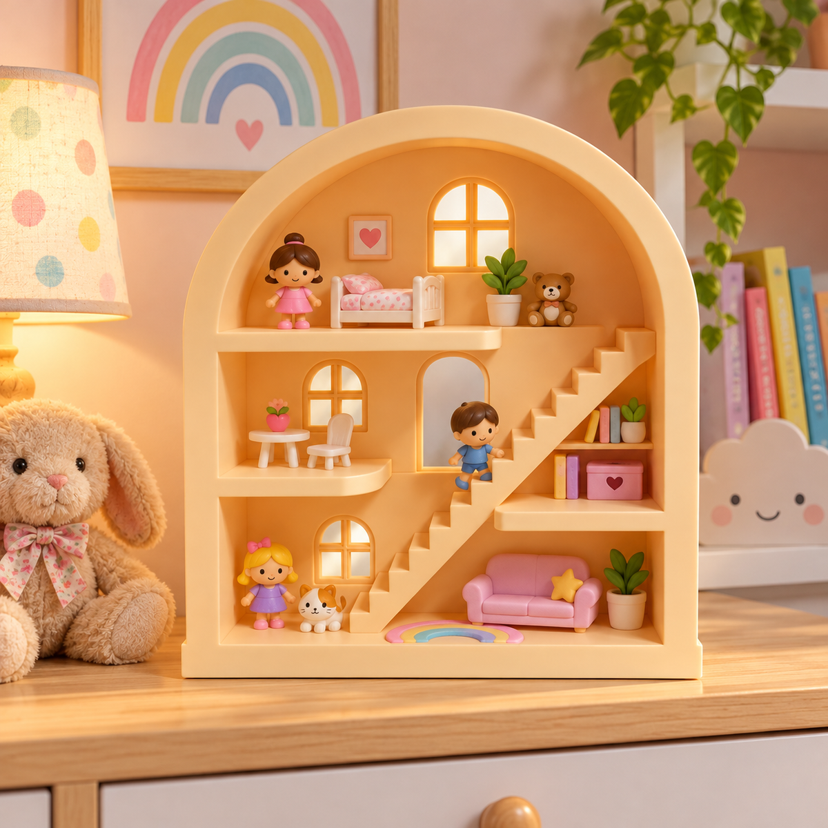 Mini Dollhouse Shelf — Arched Miniature Display Stand with Stairs and Windows for Kids Room Decor