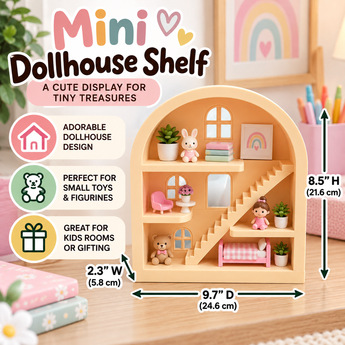 Mini Dollhouse Shelf — Arched Miniature Display Stand with Stairs and Windows for Kids Room Decor