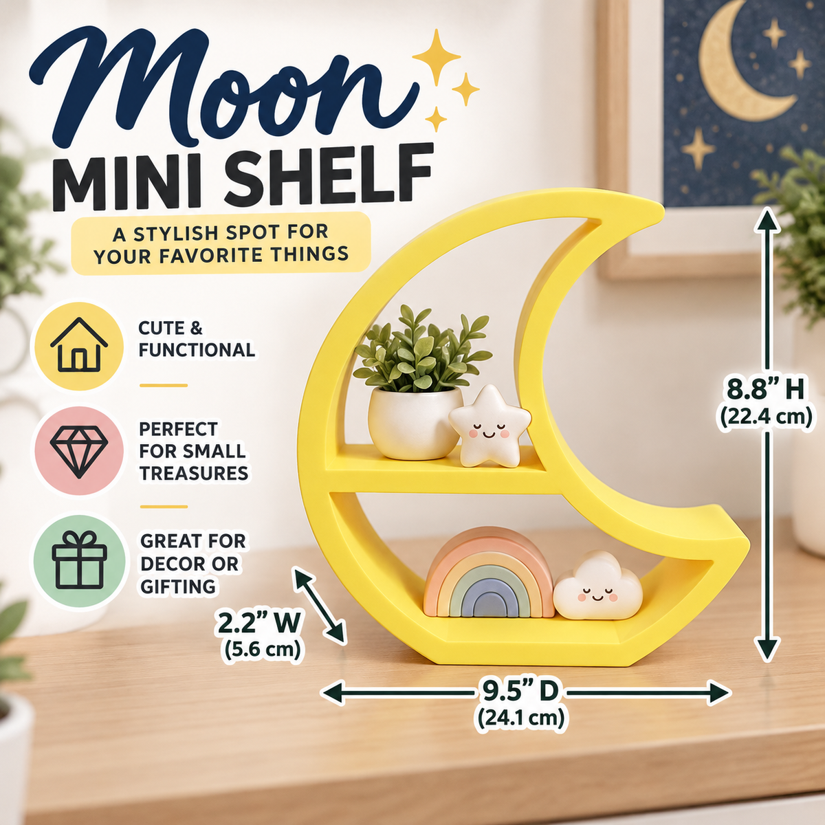 Yellow Crescent Moon Shelf — Freestanding Celestial Display Stand for Trinkets, Plants and Nursery Decor